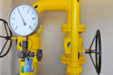 Closeup of pressure meter on natural gas pipeline