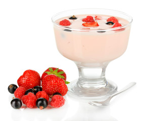 Delicious yogurt with fruit isolated on white