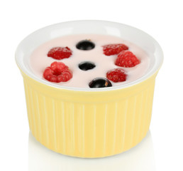 Delicious yogurt with fruit isolated on white