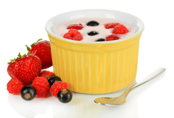 Delicious yogurt with fruit isolated on white