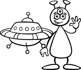 alien with ufo for coloring book