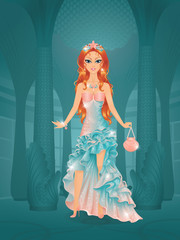 Cute princess in castle wearing mermaid dress.
