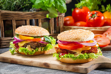 Closeup of two homemade hamburgers