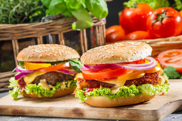 Closeup of two homemade hamburgers