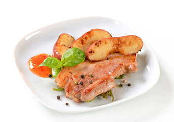 Pan fried pork and apple slices