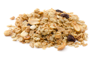 Pile of granola cereal with raisins and nuts