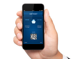 isolated man hand holding the phone  with a mobile wallet and li