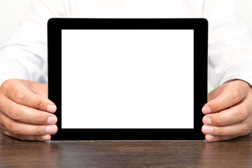 businessman holding a tablet computer with isolated screen
