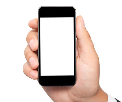 isolated man hand holding the phone with isolated screen