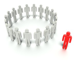 Leader in front of a group people.