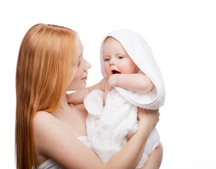 mother with baby after bathing