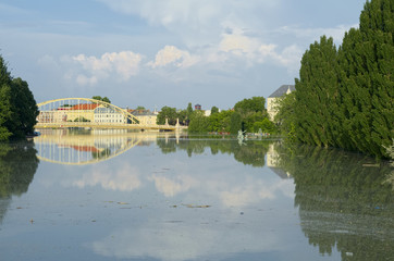 Close-up View of Flooded Gyor Town at Sunset