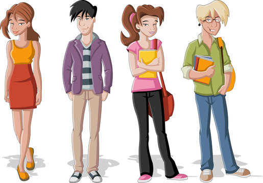Group of four cartoon young people. Teenager students.