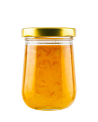 Orange jam jar isolated on white background