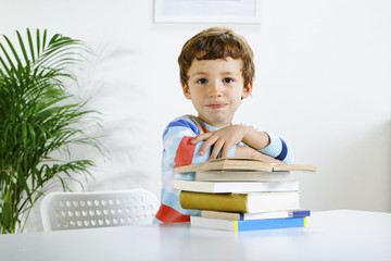 Schoolboy studying in home.