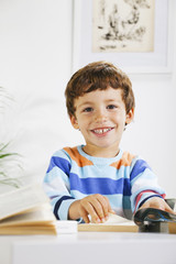 Smiling schoolboy studying in home.