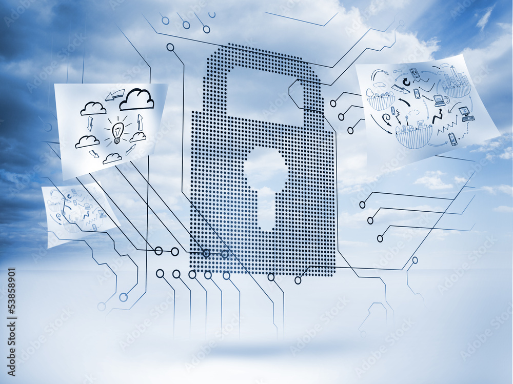 Poster Giant padlock with circuit board and drawings floating around