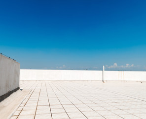 Balcony, floor, concrete fence and blue sky