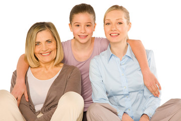 granddaughter grandmother young mother sat on white background
