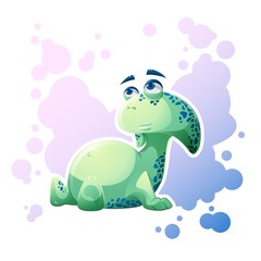 Cute green little dragon monster is sitting and relaxing, on purple background