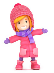 3D render of a happy girl wearing winter clothes