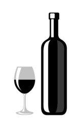 Black silhouette of wine bottle and glass. Vector.