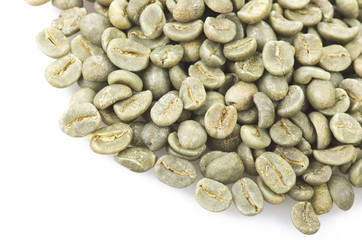 Coffee beans raw close up on the white