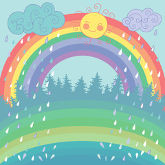 Obraz na płótnie Canvas Colorful background with a rainbow, rain, sun in cartoon style