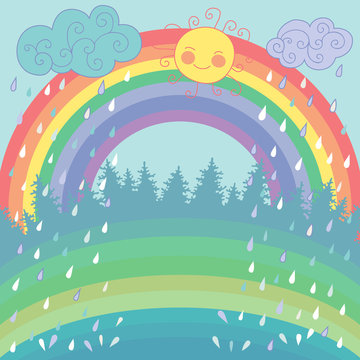 Colorful Background With A Rainbow, Rain, Sun In Cartoon Style