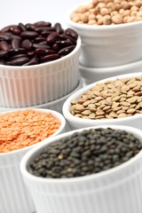 Bowls with different kinds of lentil, beans and chickpea.