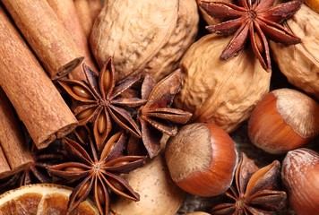 Close-up of spices and dry fruits