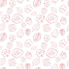 seamless pattern of strawberries and flowers.