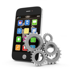 Touchscreen Smartphone with Gears on white background