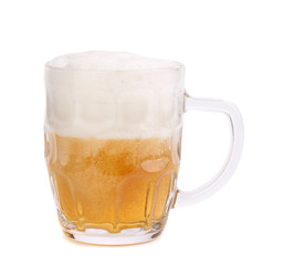 Glass of foamy beer on white background. 30%.