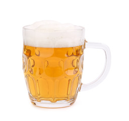 Glass of foamy beer on white background. 15%.