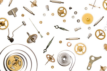 parts of clock mechanism on pure white background