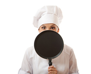female cook  in white uniform with pan, isolated