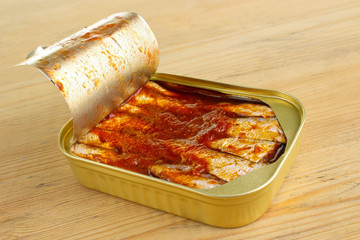 Canned sprats in tomato sauce, can opened