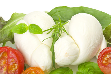 Salad mozzarella and tomatoes with basil leaves