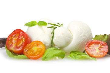 Salad mozzarella and tomatoes with basil leaves