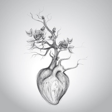 The heart is in blossom / Surreal romantic sketch
