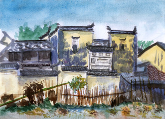 china jiangxi village watercolor