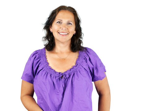 Smiling woman in purple