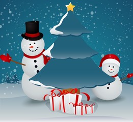 snowman family in Christmas winter scene with gift box