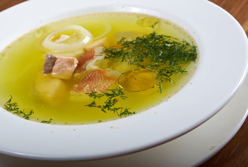 Ukha with sterlet , salmon .