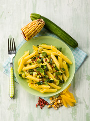 maize pasta with zucchinis and pink pepper