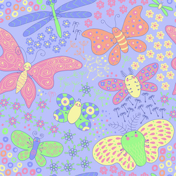 Seamless texture with butterflies and flowers