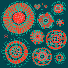 Set of floral elements in the ethnic style of hand-drawn