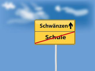 Ortsschild gelb schule schulschwänzer