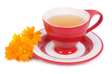 Herbal tea with calendula flowers isolated on white